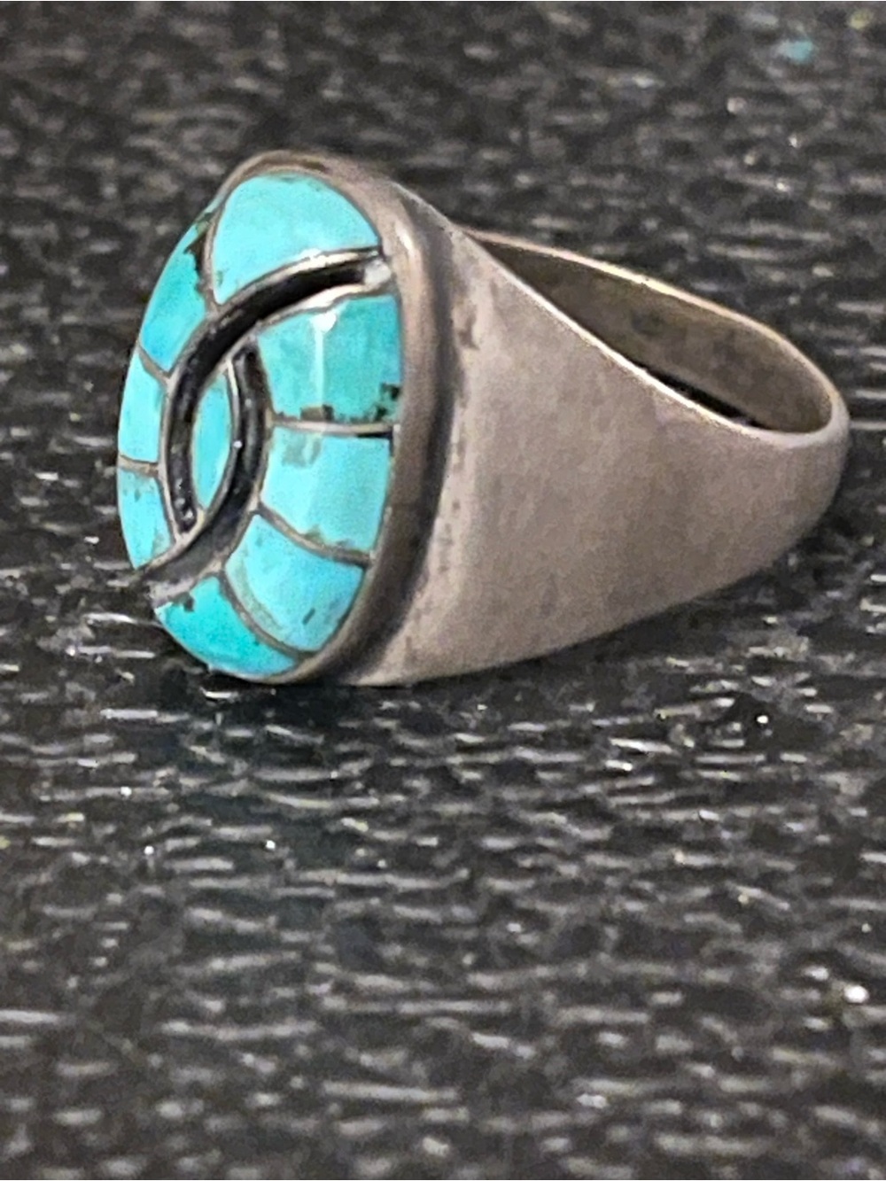 Native American, hummingbird design, inlay, turquoise, and silver ring